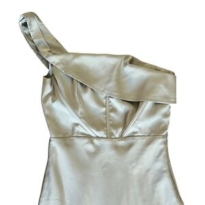 If By Sea Women’s Satin One Shoulder Sage Green Corset Bust Maxi Dress Sz L